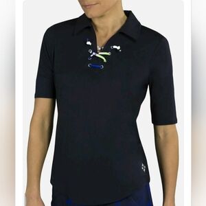 NWT! Jofit 3/4 Sleeve Lace-up Polo top. MEDIUM.  Midnight (Navy)